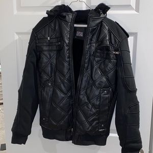 Woman’s Black Robert Phillipe Leather Jacket Large with Detachable Hood.